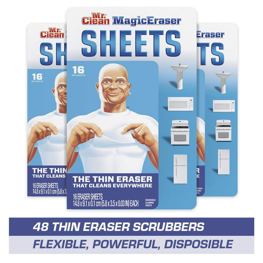 Mr. Clean Magic Eraser Sheets, Cleaning Wipes for Hard to Reach Spaces, 16 Count Pack of 3